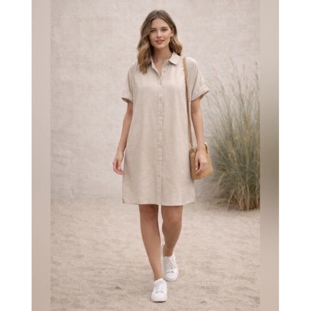 Well Worn Women's Linen Blend Casual Pockets Dress, Tan, Size XL, New